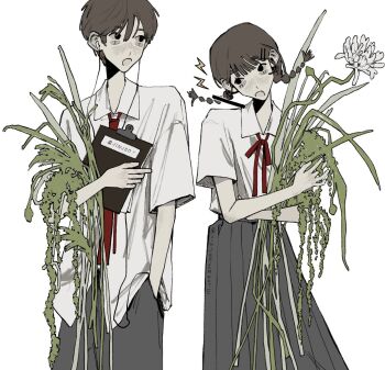1boy 1girl :o aegyo_sal black_eyes bouquet braid brown_hair calling cellphone chrysanthemum clipboard collared_shirt commentary cowboy_shot earbuds earphones flower grass grey_pants hair_ornament hairclip hand_in_pocket head_tilt highres holding holding_bouquet holding_clipboard jinjeocompote korean_commentary lightning_bolt_symbol long_skirt looking_at_another neck_ribbon necktie open_mouth original oversized_clothes oversized_shirt pale_skin pants parallel_hairclips phone pleated_skirt red_necktie red_ribbon ribbon shirt shirt_tucked_in short_hair short_sleeves simple_background skirt smartphone talking_on_phone twin_braids twitter_username untucked_shirt white_background white_flower wispy_bangs