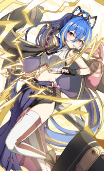 1girl absurdres ahoge argyle_clothes baseball_bat black_gloves black_jacket black_shorts blue_hair breasts brown_shoes commentary energy fingerless_gloves gloves gold_trim hair_between_eyes hair_ornament head_tilt highres holding holding_baseball_bat jacket jacket_on_shoulders lightning long_hair long_skirt long_sleeves looking_at_viewer medium_breasts metal_baseball_bat midriff minova_(stella_sora) mouth_hold multicolored_hair navel necktie overskirt pink_eyes pink_necktie ponytail pouch shirt shoes short_shorts shorts skirt sleeveless sleeveless_shirt solo stella_sora streaked_hair sweet_roll_(flu0313) test_tube thighhighs thighs very_long_hair white_shirt white_thighhighs