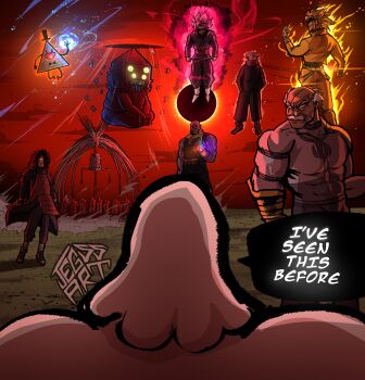adventure_time armor avengers_(series) balding bill_cipher blonde_hair bodysuit bow cartoon_network character_request colored_skin conquest_(invincible) crossover dio_brando dragon_ball dragon_ball_super english_text facial_hair gloves goku_black golb_(adventure_time) gorilla gravity_falls hat highres infinity_gauntlet invincible_(series) itadori_yuuji jacket jegssart jojo_no_kimyou_na_bouken jujutsu_kaisen long_sleeves male_focus marvel multiple_boys muscular muscular_male mustache old old_man one-eyed open_mouth pants pink_hair prosthesis prosthetic_arm purple_skin regular_show scar scar_across_eye scar_on_face scar_on_head shingeki_no_kyojin short_hair skips speech_bubble spiked_hair stardust_crusaders super_saiyan super_saiyan_rose thanos thick_mustache top_hat vampire white_hair