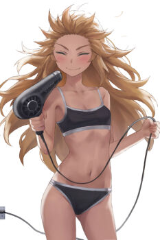 1girl bare_shoulders black_sports_bra blonde_hair blush breasts cleavage closed_eyes closed_mouth collarbone cowboy_shot drying drying_hair drying_own_hair fate/apocrypha fate_(series) hair_down hair_dryer highres long_hair medium_breasts mordred_(fate) mordred_(fate/apocrypha) navel panties sidelocks smile solo sports_bra tonee underwear variant_set