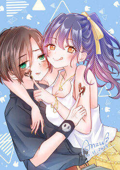 1boy 1girl 3-nyan absurdres alternate_eye_color alternate_hairstyle artist_name bare_shoulders black_hair black_shirt blush boku_no_kokoro_no_yabai_yatsu bone_bracelet bracelet breasts brown_eyes chocolate chocolate_on_face cleavage closed_mouth collarbone commentary dated eyes_visible_through_hair food food_on_face foot_on_arm green_eyes hair_over_one_eye hair_ribbon heart heart_necklace hetero high_ponytail highres hug ichikawa_kyoutarou jewelry large_breasts long_hair looking_at_viewer multiple_bracelets necklace ponytail ribbon ringed_eyes sanpaku shirt short_hair short_sleeves sleeveless sleeveless_shirt tongue tongue_out twitter_username white_shirt wristband yamada_anna yellow_ribbon