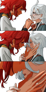 2girls absurdres asticassia_school_uniform blue_eyes blush commentary_request green_jacket grey_eyes gundam gundam_suisei_no_majo hand_on_another&#039;s_face highres holding_hands imminent_kiss jacket korean_commentary long_hair miorine_rembran multiple_girls parted_lips red_hair school_uniform simple_background snapagi suletta_mercury thick_eyebrows white_background white_hair white_jacket yuri