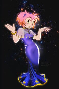 1girl 2025 absurdres amy_rose bare_arms blue_dress blush bodystocking bracelet breasts capelet collarbone commentary commission dress english_commentary female_focus furrowed_brow gradient_clothes gradient_dress green_eyes grin hairband hands_up highres humanization jewelry long_dress long_eyelashes looking_at_viewer maitroll medium_breasts necklace pink_hair purple_hairband purple_nails red_lips see-through_clothes sega short_hair smile solo sonic_(series) star_(sky) star_(symbol) star_print starry_sky_background v-shaped_eyebrows