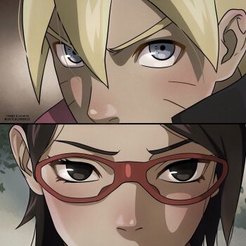 1boy 1girl black_eyes black_hair blonde_hair blue_eyes boruto:_naruto_next_generations close-up commentary derivative_work english_commentary facial_mark glasses highres justcallmedolce naruto_(series) red-framed_eyewear uchiha_sarada uzumaki_boruto whisker_markings