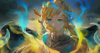 1boy blonde_hair blue_eyes champion&#039;s_tunic_(zelda) commentary_request floating_hair floating_island highres light_dragon_(zelda) link looking_at_viewer male_focus medium_hair nintendo ocean open_mouth outdoors pointy_ears signature sky the_legend_of_zelda the_legend_of_zelda:_tears_of_the_kingdom tsujieiri upper_body wind