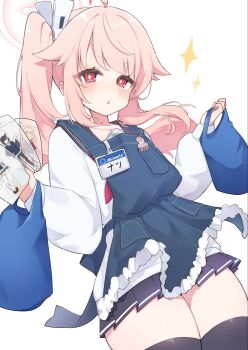 +_+ 1girl acrylic_stand_(object) after-school_sweets_club_(blue_archive) airi_(blue_archive) animate_(company) apron bag black_sailor_collar black_skirt black_thighhighs blue_apron blue_archive blue_bag blush cardigan chestnut_mouth hair_flaps hair_ornament halo highres holding holding_bag id_card kazusa_(blue_archive) long_hair looking_at_viewer miniskirt natsu_(blue_archive) neckerchief parted_lips pink_hair pink_halo pink_neckerchief pleated_skirt red_eyes sailor_collar school_uniform serafuku shopping_bag side_ponytail sidelocks simple_background skirt solo sparkle thighhighs thighs tonikaku_kaku white_background white_cardigan yoshimi_(blue_archive) zettai_ryouiki