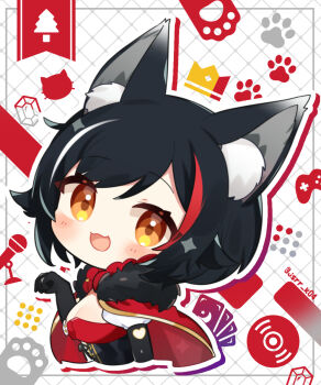 1girl :3 :d animal_ear_fluff animal_ears black_dress black_gloves black_hair blush breasts cape chibi chibi_only cleavage commentary_request cropped_torso dress gloves grid_background hand_up highres hololive kashiwase_karune long_hair looking_at_viewer multicolored_hair ookami_mio open_mouth outline red_cape red_hair smile solo streaked_hair twitter_username virtual_youtuber white_background white_hair white_outline wolf_ears wolf_girl yellow_eyes