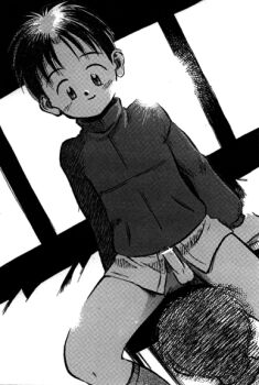 1boy bar_censor censored erection jacket kamisae male_focus monochrome original penis shota sitting smile solo