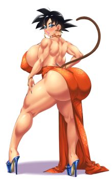 1girl ass breasts dragonball_z dress ear_piercing earrings female_focus genderswap genderswap_(mtf) huge_ass huge_breasts jewelry looking_back makeup muscular muscular_female piercing robe short_hair simple_background smile solo solo_focus son_goku suiren_ciao white_background