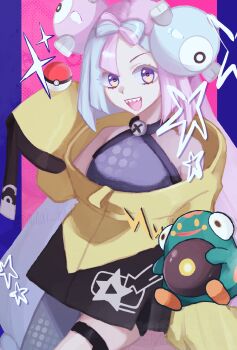 1girl :d absurdres bellibolt bow-shaped_hair character_hair_ornament commentary grey_pantyhose grey_shirt hair_ornament highres iono_(pokemon) jacket long_hair long_sleeves minai_tori multicolored_hair nintendo open_mouth pantyhose poke_ball poke_ball_(basic) pokemon pokemon_sv sharp_teeth shirt single_leg_pantyhose sleeveless sleeveless_shirt smile sparkle star_(symbol) star_print teeth thigh_strap two-tone_hair upper_teeth_only yellow_jacket