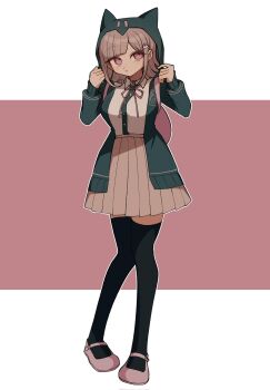1girl breasts brown_hair brown_skirt collared_shirt commentary_request danganronpa_(series) danganronpa_2:_goodbye_despair flipped_hair full_body hair_ornament highres hood hood_up jacket long_sleeves looking_at_viewer medium_hair mi_shengwu_3.2_hao nanami_chiaki neck_ribbon open_clothes open_jacket pink_background pink_bag pink_eyes pink_ribbon pleated_skirt ribbon shirt shirt_tucked_in skirt solo thighhighs two-tone_shirt white_background white_shirt