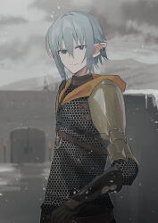 Rule 34 | 1boy, armor, black gloves, blue eyes, breath, chainmail, chihuri, closed mouth, cloud, cloudy sky, door, ear piercing, elbow gloves, final fantasy, final fantasy xiv, gloves, grey hair, hair between eyes, haurchefant greystone, highres, looking at viewer, male focus, outdoors, pauldrons, piercing, pointy ears, shoulder armor, sky, smile, snow, snowing, solo, upper body