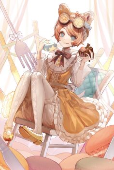 1girl :p animal_ear_hairband animal_ears bloomers bow bowtie brown_bow brown_bowtie cake cat_ear_hairband cat_ears chair commentary cross-shaped_pupils dress eating fake_animal_ears food food_on_face fork frilled_dress frills goggles goggles_on_head hairband highres hoge_(n8sss) holding holding_food identity_v knees_up lolita_fashion looking_at_viewer macaron mary_janes official_alternate_costume on_chair orange_dress orange_hair orange_shoes oversized_food oversized_object pantyhose shirt shoes short_hair sitting solo sweet_lolita symbol-only_commentary symbol-shaped_pupils tongue tongue_out tracy_reznik tracy_reznik_(candy_girl) underwear white_bloomers white_pantyhose white_shirt wide_sleeves