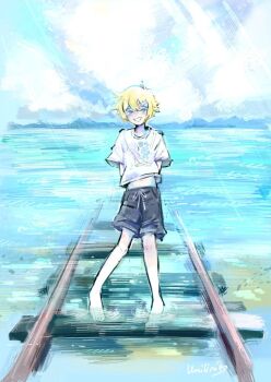 1boy alternate_costume antenna_hair arms_behind_back artist_name barefoot basil_(faraway)_(omori) basil_(omori) black_shorts blonde_hair blush cloud cropped_shirt day double-parted_bangs fish_hair_ornament full_body hair_between_eyes hair_ornament highres navel omori open_mouth outdoors railroad_tracks shirt short_hair short_sleeves shorts sidelocks smile solo t-shirt umilini2 white_shirt