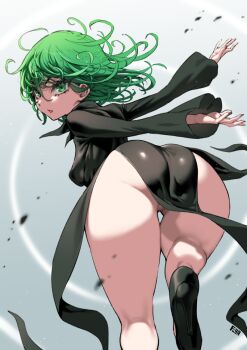 1girl ass black_dress black_shoes blush breasts commentary_request curly_hair dress flipped_hair floating floating_object from_behind fuya_(tempupupu) green_eyes green_hair high_heels kneepits levitation long_sleeves looking_at_viewer looking_back no_panties one-punch_man open_mouth pussy pussy_peek shoes short_hair side_slit small_breasts solo tatsumaki telekinesis thighs