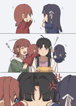 2girls absurdres ahoge anger_vein awa_subaru black_hair blue_jacket brown_hair character_doll closed_eyes commentary controller doll fafayu game_controller girls_band_cry hair_intakes hair_ribbon hand_puppet highres holding holding_controller holding_game_controller hood hood_down hoodie iseri_nina jacket long_hair low_twintails multiple_girls open_clothes open_jacket parted_bangs pout puppet purple_eyes purple_shirt ribbon shirt short_hair short_twintails sidelocks symbol-only_commentary twintails white_hoodie white_jacket white_ribbon