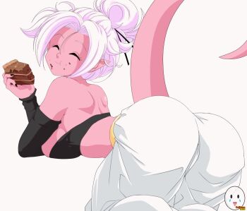 1girl android_21 animated animated_gif ass bandeau bare_shoulders breasts caisama cake cake_slice closed_eyes colored_skin detached_sleeves dragon_ball dragon_ball_fighterz eating female_focus food from_behind harem_pants highres large_breasts long_hair majin_android_21 nail_polish pants pink_skin sideboob solo tail updo white_hair