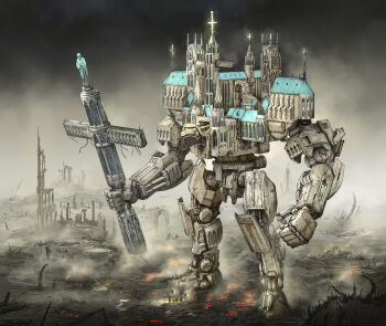 absurdres ashes battle cable chenlongque christianity church clenched_hand club_(weapon) commentary cross demon dust english_commentary fantasy fog goth_fashion hell highres machinery mecha no_humans original parody robot ruins saint science_fiction smoke statue steampunk weapon