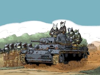 6+boys blue_sky cannon cat_boy caterpillar_tracks combat_helmet day dirt_road gun helmet highres machine_gun multiple_boys on_tank original road sky soldier stahlhelm vehicle_focus vehicle_request weapon yabarn