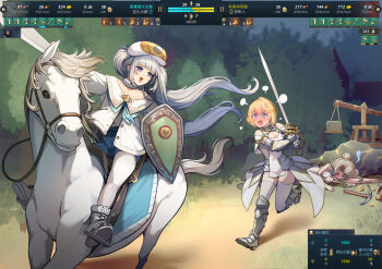 @_@ age_of_empires_(series) age_of_empires_iv anger_vein armored_boots azur_lane blonde_hair boots dmitri_donskoi_(azur_lane) double_bun gauntlets hair_bun holding holding_shield holding_sword holding_weapon horseback_riding jeanne_d&#039;arc_(azur_lane) le_malin_(azur_lane) long_hair outdoors pantyhose parka pickaxe riding shield sword thighhighs tree twintails weapon white_hair white_horse white_pantyhose white_thighhighs zhainan_s-jun