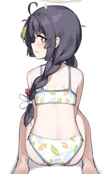 1girl ahoge ass bare_legs bare_shoulders barefoot bikini black_hair blue_archive blush braid bright_pupils from_behind furrowed_brow grey_halo hair_ribbon halo highres kneeling leaf leaf_on_head leaf_print loli long_hair looking_at_viewer looking_back miyu_(blue_archive) miyu_(swimsuit)_(blue_archive) official_alternate_costume parted_lips percal print_bikini red_eyes ribbon simple_background sitting solo swimsuit thighs twin_braids twintails very_long_hair wariza white_background white_bikini white_pupils white_ribbon