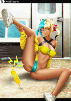 1girl bandeau blue_eyes blurry blurry_background breasts canari_(pokemon) chromatic_aberration commentary emphasis_lines gen_4_pokemon grin highres holding_own_leg jacket knees lightning_bolt_symbol long_sleeves multicolored_hair nail_polish navel ningyon_mereman nintendo open_clothes open_jacket pokemon pokemon_legends:_z-a pubic_hair pubic_hair_peek rotom rotom_phone shoes smile spread_legs teeth twintails v yellow_bandeau yellow_jacket yellow_nails zipper