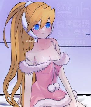 1girl bare_shoulders blonde_hair blue_eyes blush breasts ciel_(mega_man) cleavage closed_mouth collarbone commission cowboy_shot dress full_body high_ponytail kneeling long_hair medium_breasts mega_man_(series) mega_man_zero_(series) no_panties ponytail rikka_(user_hruv2435) robot_ears see-through_clothes see-through_dress smile solo spaghetti_strap vgen_commission watermark