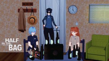 3d 3girls absurdres ayanami_rei beer_bottle blue_hair cosplay highres jay_bauman_(cosplay) katsuragi_misato mike_stoklasa_(cosplay) mr_plinkett_(cosplay) multiple_girls neon_genesis_evangelion red_eyes redlettermedia souryuu_asuka_langley sunglasses tagme vhs