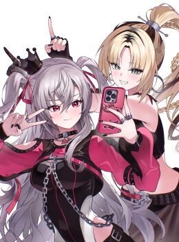 Rule 34 | 1girl, 2girls, :d, aqua eyes, black choker, black crown, black gloves, black nails, black skirt, black streaks, blonde hair, braid, cellphone, chain, choker, closed mouth, clothing cutout, commentary request, crop top, crossed bangs, crown, curtained hair, double-parted bangs, earrings, elbow gloves, fingerless gloves, gloves, grey hair, grin, hair between eyes, hair ribbon, high ponytail, highres, hip vent, holding, holding phone, hololive, hololive dev is, hoop earrings, horns pose, isaki riona, isaki riona (flowglow uniform), jewelry, koganei niko, koganei niko (flowglow uniform), lace, lace gloves, leotard, leotard under clothes, long hair, looking at phone, mini crown, multiple girls, multiple rings, nail polish, official alternate costume, official alternate hairstyle, open mouth, phone, pink eyes, pink ribbon, pink shrug, ponytail, ppot, ribbon, ring, selfie, shoulder cutout, shrug (clothing), simple background, single sidelock, skirt, slit pupils, smartphone, smile, two side up, v, very long hair, virtual youtuber, white background