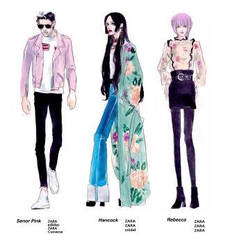 Rule 34 | 1boy, 2girls, absurdres, adidas, blue pants, boa hancock, commentary request, converse, full body, high heels, highres, jacket, long hair, multiple girls, one piece, pants, pink jacket, popsweetyio, rebecca (one piece), senor pink, shoes, short hair, simple background, sneakers, snidel (brand), sunglasses, very long hair, white background, zara (brand)