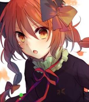 1girl animal_ears black_bow black_dress bow braid cat_ears commentary_request dress hair_bow kaenbyou_rin kazu_(muchuukai) long_hair lowres neck_ribbon red_eyes red_hair red_ribbon ribbon solo touhou twin_braids