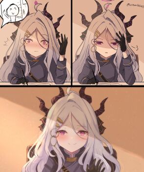 1boy 1girl ahoge black_gloves black_halo blue_archive blush demon_girl demon_horns doodle_sensei_(blue_archive) gloves halo highres hina_(blue_archive) horns indoors long_hair looking_at_viewer purple_eyes sensei_(blue_archive) sitting upper_body uttsu_(yumaviviane) very_long_hair white_hair