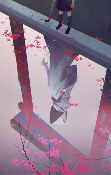 aruksyu black_serafuku black_socks blood different_reflection dual_persona highres holding holding_lead_pipe japanese_clothes kimono lead_pipe reflection reflective_water school_uniform serafuku shimizu_hinako shiromuku shiromuku_(silent_hill) silent_hill_(series) silent_hill_f skirt socks torii uchikake