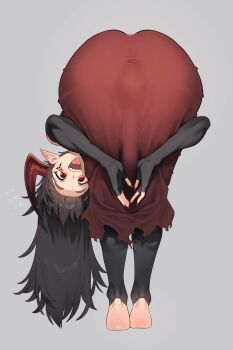 1boy :d amen_pose_(meme) ass ass_focus barefoot black_gloves black_pants bulge commentary_request demon demon_horns demon_king_(in) erection erection_under_clothes facial_mark fingerless_gloves fingernails from_behind full_body gloves grey_background highres horns in_(ain) korean_commentary large_penis long_hair male_focus meme open_mouth original pants penis red_eyes red_horns red_nails sharp_fingernails sharp_teeth simple_background skin_tight smile solo teeth trap