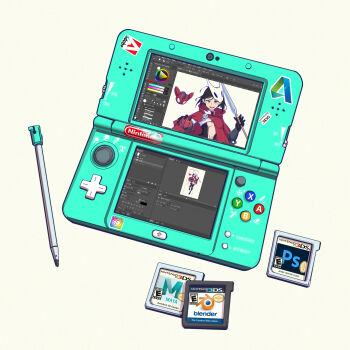 adobe adobe_photoshop art_program_in_frame autodesk_maya_(software) blender_(software) english_text game_cartridge handheld_game_console highres hollow_knight hornet_(hollow_knight) humanization iwse_zhang logo nintendo nintendo_3ds simple_background sticker stylus white_background