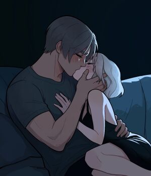 1boy 1girl affectionate ashley_graham blonde_hair blush casual commentary couple cuddling highres hug kiss leon_s._kennedy lying lying_on_person pajamas resident_evil resident_evil_4 resident_evil_4_(remake) short_hair symbol-only_commentary toned toned_male veroq77