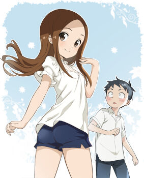 1boy 1girl ass black_hair black_pants blue_background blue_shorts blush border brown_eyes brown_hair child closed_mouth collared_shirt commentary_request dot_nose floating_hair forehead hand_up hetero karakai_jouzu_no_takagi-san long_hair looking_at_another looking_at_viewer looking_back nyoro_(nyoronyoro000) outside_border pants parted_lips sanpaku shirt short_hair short_shorts short_sleeves shorts simple_background smile standing straight_hair takagi-san turning_head very_short_hair white_border white_shirt wing_collar