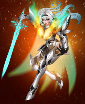 Rule 34 | 1girl, absurdres, aqua hair, armor, black hairband, blue pupils, commentary, eidis scarlet, english commentary, fighting stance, fire, firefly (honkai: star rail), floating hair, full body, gradient hair, grey armor, grey hair, hair between eyes, hairband, highres, holding, holding sword, holding weapon, honkai: star rail, honkai (series), long hair, looking at viewer, multicolored hair, no headwear, open mouth, power armor, purple eyes, pyrokinesis, sam (honkai: star rail), signature, solo, sword, weapon