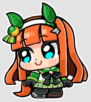 1girl animal_ears aqua_eyes asymmetrical_footwear bkub black_bow black_bowtie black_gloves black_pantyhose blunt_bangs blush_stickers bow bowtie brown_shoes chibi chibi_only closed_mouth dot_nose ear_covers full_body gloves grey_background grey_shoes hairband highres horse_ears horse_girl horse_tail long_hair long_sleeves mismatched_footwear orange_hair outline pantyhose pleated_skirt shirt shoes silence_suzuka_(innocent_silence)_(umamusume) silence_suzuka_(umamusume) simple_background skirt smile solo standing tail umamusume white_hairband white_outline white_shirt white_skirt