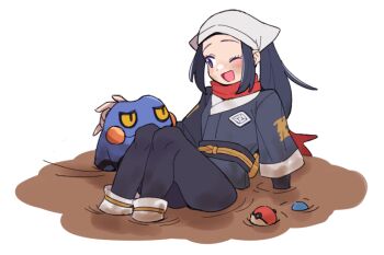 1girl ;d akari_(pokemon) blush croagunk dirty do_m_kaeru galaxy_expedition_team_survey_corps_uniform gen_4_pokemon headscarf hisuian_poke_ball long_hair mud nintendo one_eye_closed open_mouth pantyhose partially_submerged poke_ball pokemon pokemon_(creature) pokemon_legends:_arceus red_scarf scarf sidelocks simple_background smile white_background white_headscarf white_headwear