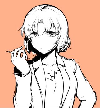 1girl cigarette closed_mouth commentary_request curtained_hair expressionless greyscale_with_colored_background highres holding holding_cigarette lab_coat long_sleeves looking_at_viewer orange_background sadahiro_(chicken_nugget_gyuuniku_aji) shirt short_hair simple_background solo touhou upper_body yagokoro_eirin