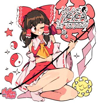 1girl :d ascot bare_shoulders blush bow breasts brown_eyes brown_hair collar collared_shirt detached_sleeves english_text frilled_collar frilled_hair_tubes frilled_skirt frills full_body gohei hair_bow hair_tubes hakurei_reimu heart highres holding holding_gohei kneeling long_sleeves medium_hair midriff miniskirt one_eye_closed open_mouth print_bow red_bow red_ribbon red_shirt red_skirt rhythm_pagi ribbon shirt sidelocks signature simple_background skirt sleeve_ribbon sleeveless sleeveless_shirt small_breasts smile socks solo star_(symbol) teeth touhou virus white_background white_collar white_socks wide_sleeves yellow_ascot yin_yang