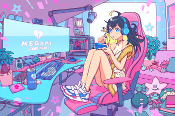 1girl absurdly_detailed_composition ahoge bare_shoulders black_hair blue_eyes blue_theme bomb book book_stack breasts can candy chair clock commentary computer computer_keyboard computer_mouse computer_tower controller crossed_bangs dattosan desk digital_clock dress english_commentary explosive food game_controller gaming_chair headphones headset highres holding holding_controller holding_game_controller indoors loaded_interior microphone mixed-language_commentary monitor mousepad_(object) multicolored_hair parody pink_theme shelf shoes sneakers solo speaker star_(symbol) stuffed_toy swivel_chair two-tone_hair webcam wrapped_candy