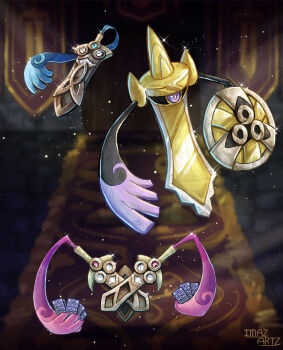 aegislash artist_name blurry blurry_background brick_floor card commentary doublade english_commentary evolutionary_line floating full_body gen_6_pokemon glint holding holding_card holding_shield honedge imazartz indoors nintendo no_humans one-eyed pokemon pokemon_(creature) pokemon_focus rug shield sword tapestry weapon wooden_door