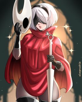 1girl 2b_(nier:automata) absurdres black_bodystocking black_gloves blindfold bodysuit boots breasts character_mask cloak cosplay dangerousbride gloves grey_hair hairband highres holding holding_mask holding_weapon hollow_knight hollow_knight:_silksong horned_mask hornet_(hollow_knight) hornet_(hollow_knight)_(cosplay) large_breasts mask mole mole_under_mouth nier:automata nier_(series) parted_lips red_cloak short_hair solo thigh_boots weapon white_mask