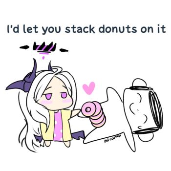 1boy 1girl ahoge black_halo blue_archive chibi demon_girl demon_horns demon_wings donut doodle_sensei_(blue_archive) food full_body halo highres hina_(blue_archive) hina_(pajamas)_(blue_archive) horns jacket long_hair low_wings mbyssmaw pajamas pink_pajamas polka_dot polka_dot_pajamas purple_eyes sensei_(blue_archive) standing white_hair wings yellow_jacket