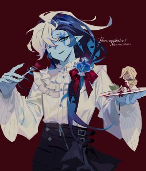 2boys :d androgynous aqua_eyes belt black_belt black_pants blonde_hair blue_eyes blue_hair blue_skin bow bright_pupils buttons chinese_commentary closed_eyes colored_eyelashes colored_skin commentary_request cookie_run cookie_run:_kingdom cowboy_shot english_text extra_eyes facial_mark fork frilled_shirt frills hair_between_eyes hair_bow hands_up heart heterochromia high-waist_pants highres holding holding_fork holding_plate humanization long_hair long_sleeves male_focus mismatched_eyelashes mismatched_pupils multicolored_hair multiple_boys open_mouth pants plate pointy_ears puffy_long_sleeves puffy_sleeves pure_vanilla_cookie red_background red_bow robe shadow_milk_cookie shime52631 shirt shirt_tucked_in short_hair simple_background slit_pupils smile solo_focus standing streaked_hair twitter_username two-tone_hair u_u very_long_hair white_eyelashes white_hair white_pupils white_robe white_shirt