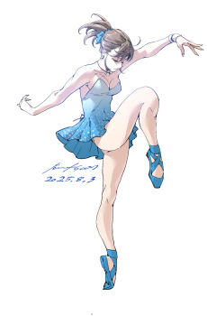 Rule 34 | 1girl, ballet, ballet slippers, bare shoulders, blue dress, breasts, brown hair, closed eyes, dress, earrings, en pointe, expressionless, full body, highres, jewelry, nabipenciller, original, ponytail, short dress, small breasts, solo, standing, standing on one leg