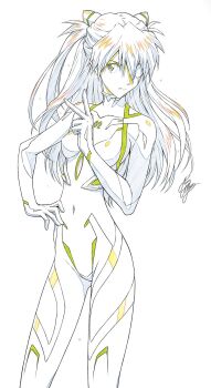 1girl bodysuit breasts evangelion:_3.0_you_can_(not)_redo eyepatch hair_over_one_eye hand_on_own_hip highres interface_headset_(evangelion) long_hair marco_albiero mecha_pilot_suit medium_breasts neon_genesis_evangelion plugsuit_(evangelion) rebuild_of_evangelion signature sketch skin_tight white_background