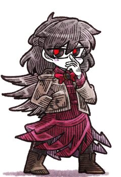 1girl blush blush_stickers boots bow bowtie brown_boots chibi chibi_only coat covering_own_mouth dress hair_between_eyes kishin_sagume long_dress long_sleeves medium_hair purple_dress red_eyes simple_background single_wing sleeve_cuffs solo standing suenari_(peace) touhou white_background white_coat white_hair white_wings wings